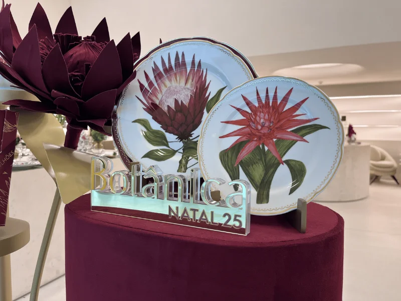 Pratos na cor branca com flor pintada na cor vermelha com folhas na cor verde da linha Botânica.