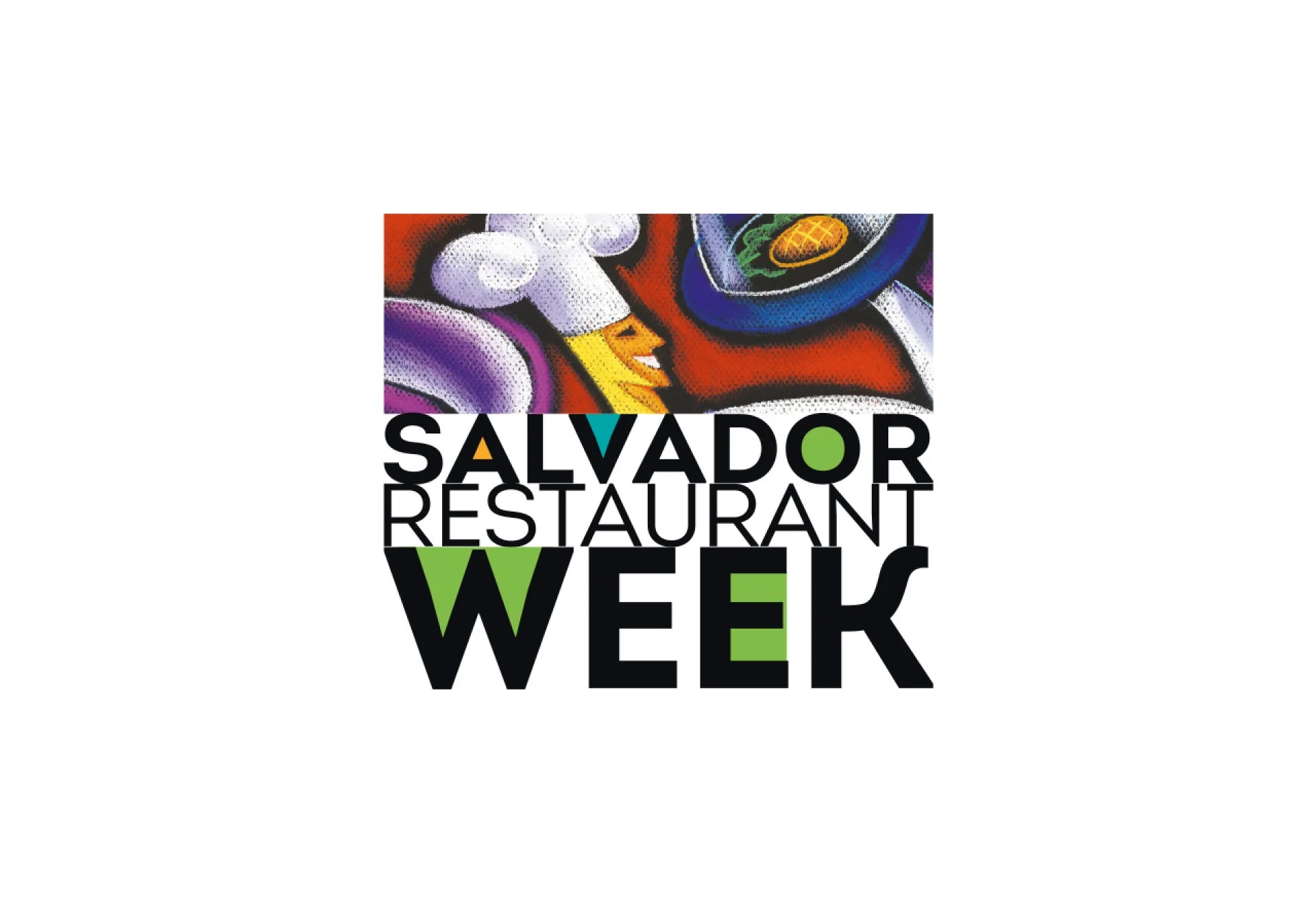 Marca do Restaurant Week com letreiro "Salvador Restaurant Week" e a figura de um chef de cozinha na parte superior.